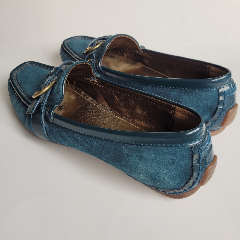 Women's Teal Suede Loafers with Buckle Accent - Picture 6 of 13